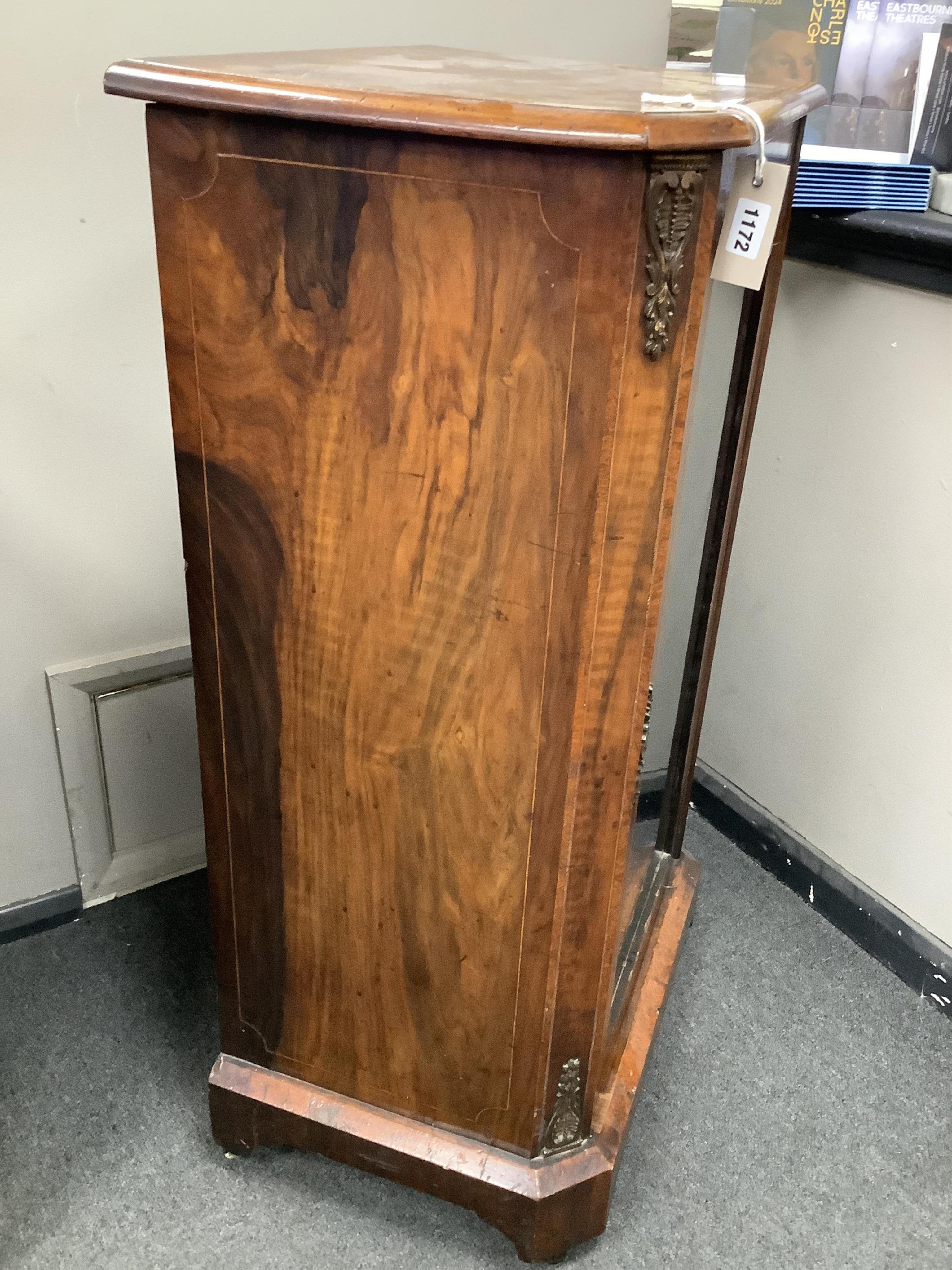 A Victorian banded, gilt metal mounted walnut music cabinet, width 54cm, depth 39cm, height 100cm. Condition - fair